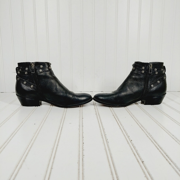 Halogen Black Leather Buckle Studded Strap Slip On Ankle Boots I601 - Picture 7 of 11